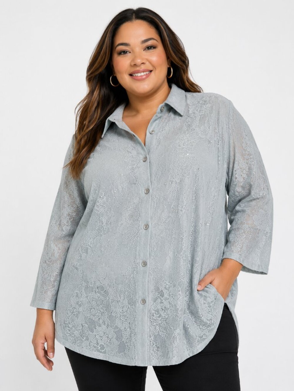 Roaman’s Embellished Floral Burnout Button Front Top Size 1X
